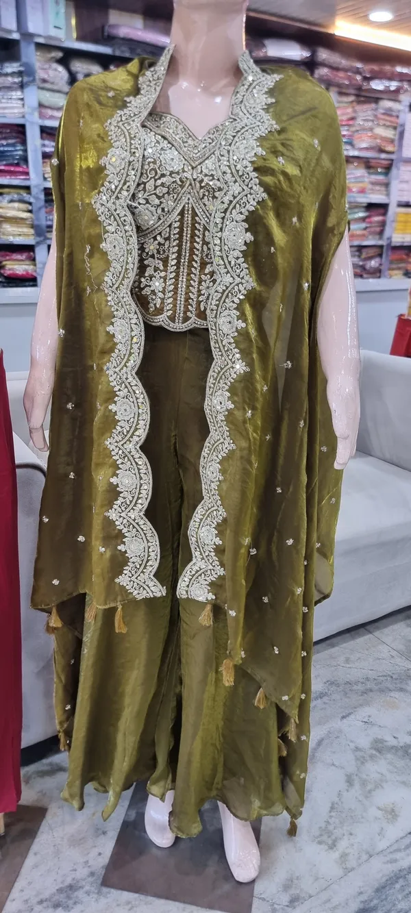 Olive_Green_Banarsi_Embroidered_Kurta_Set_For_Women