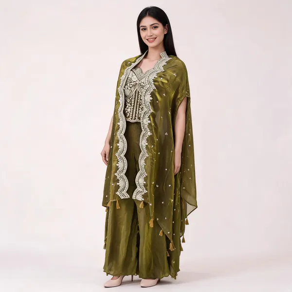 Olive_Green_Banarsi_Embroidered_Kurta_Set_For_Women