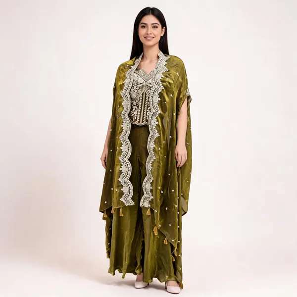 Olive_Green_Banarsi_Embroidered_Kurta_Set_For_Women