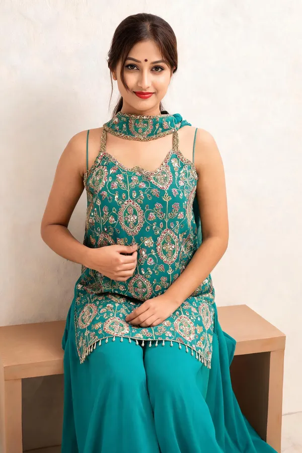 Teal_Banarsi_Embroidered_Sleeveless_Kurta_Set_For_Women
