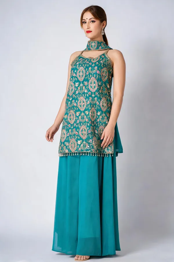 Teal_Banarsi_Embroidered_Sleeveless_Kurta_Set_For_Women