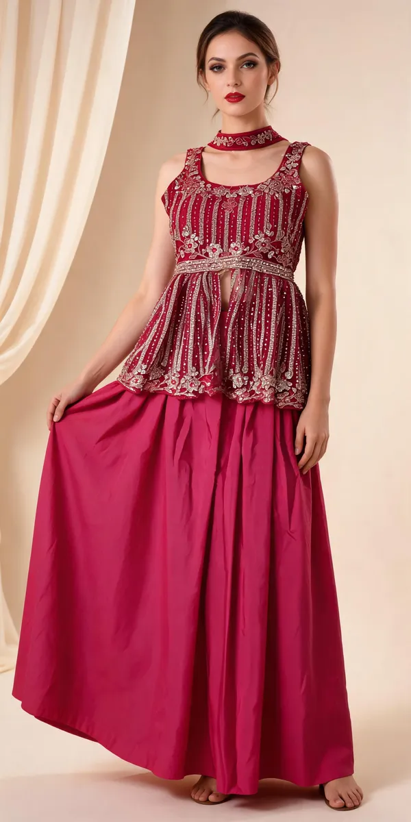 Maroon_Banarsi_Embellished_Lehenga_Set_For_Women