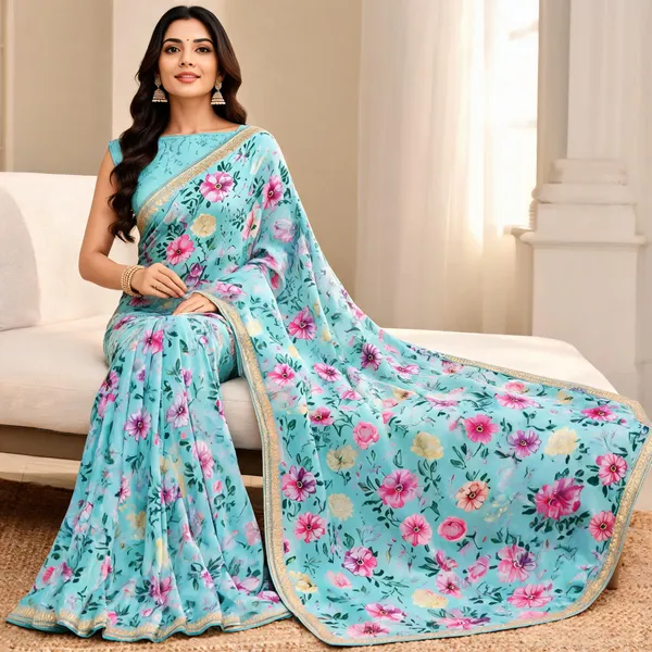 Turquoise_Georgette_Floral_Print_Saree_For_Women