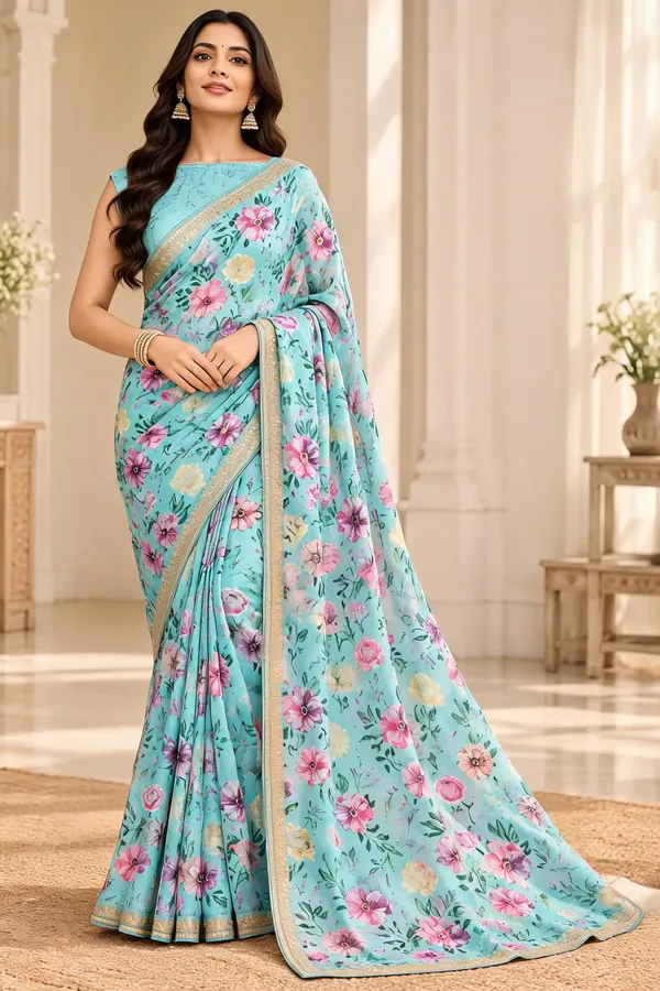 Turquoise_Georgette_Floral_Print_Saree_For_Women