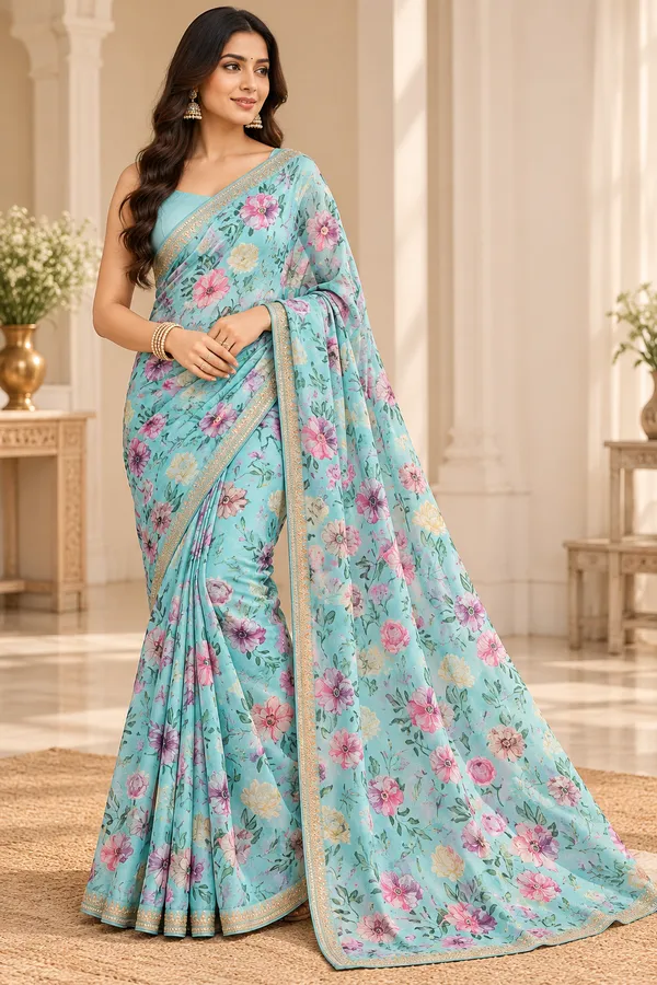 Turquoise_Georgette_Floral_Print_Saree_For_Women