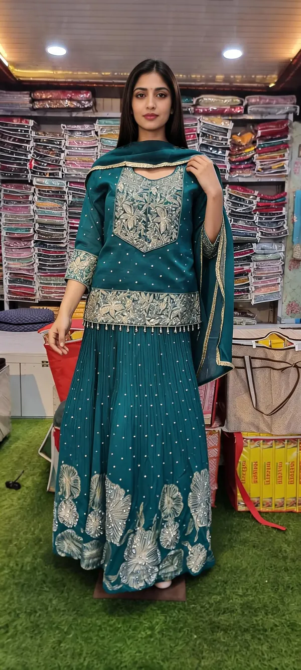 Teal_Banarsi_Embroidered_Anarkali_Kurta_Set_For_Women