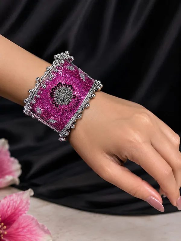 Pink_Fabric_Embroidered_Cuff_Bangles_For_Women