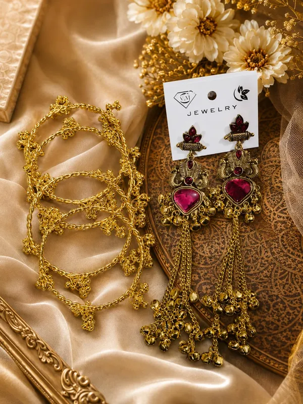 Gold_Tone_Pink_Stone_Earrings_And_Bracelet_Set_For_Women