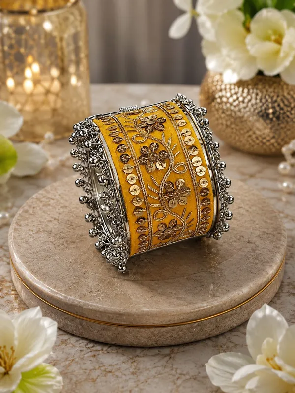 Yellow_Embroidered_Oxidised_Cuff_Bracelet_For_Women