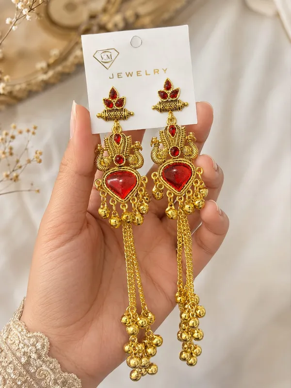 Gold_Tone_Red_Stone_Temple_Drop_Earrings_For_Women