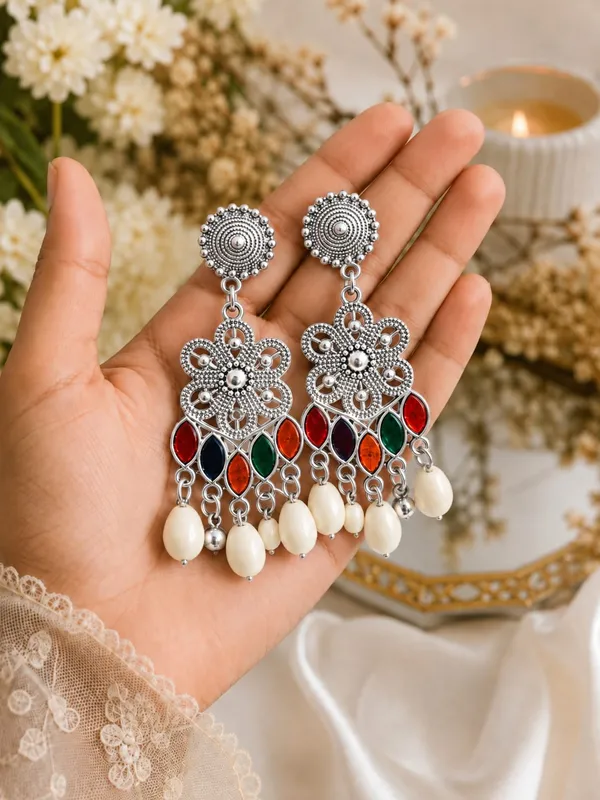 Silver_Oxidised_Multicolour_Drop_Earrings_For_Women
