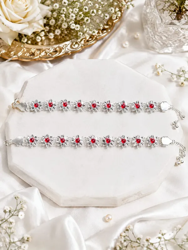Silver_Floral_Red_Stone_Anklets_For_Women