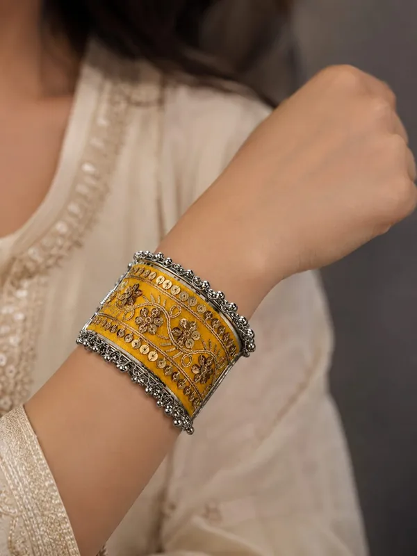 Yellow_Embroidered_Oxidised_Cuff_Bracelet_For_Women