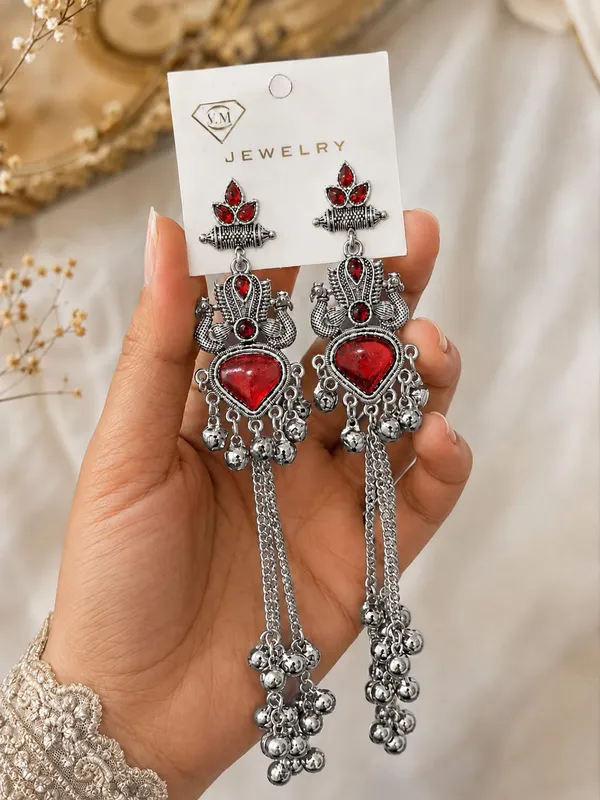 Silver_Oxidized_Red_Stone_Long_Drop_Earrings_For_Women