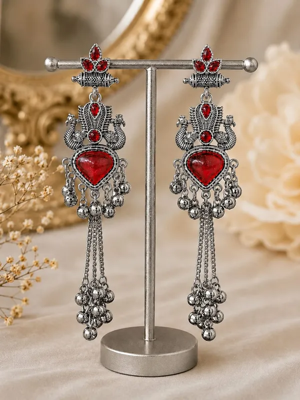 Silver_Oxidized_Red_Stone_Long_Drop_Earrings_For_Women
