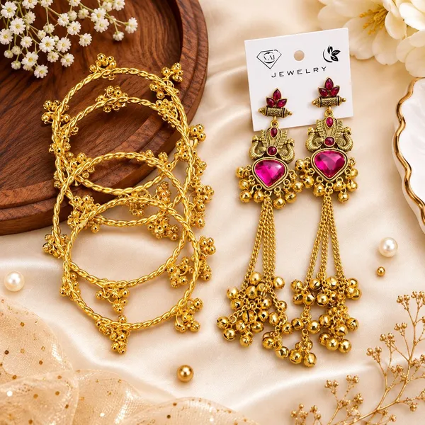 Gold_Tone_Pink_Stone_Earrings_And_Bracelet_Set_For_Women