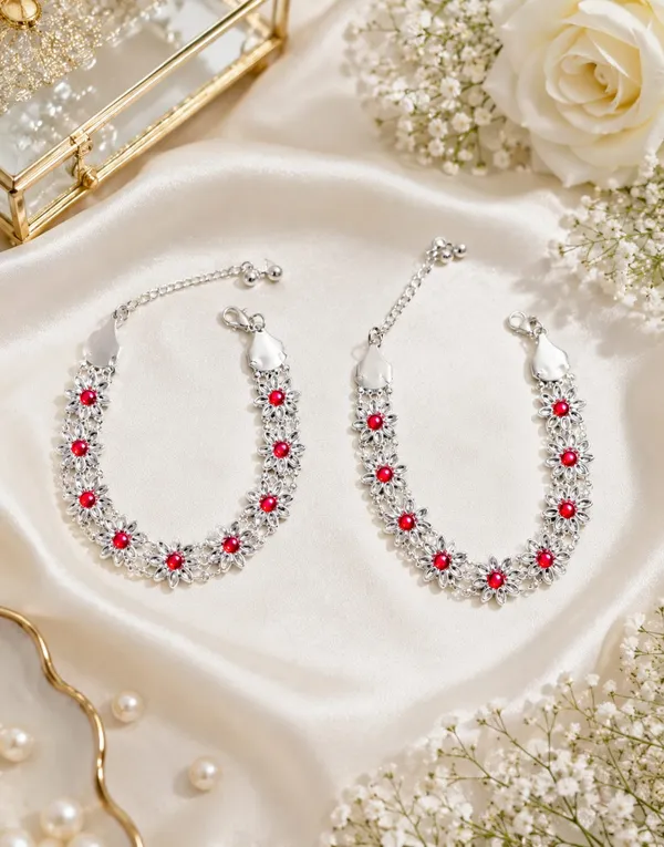 Silver_Floral_Red_Stone_Anklets_For_Women