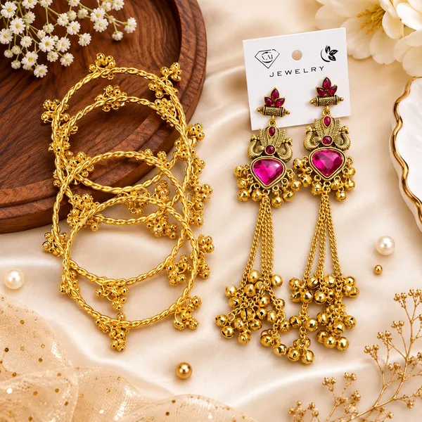 Gold_Tone_Pink_Stone_Earrings_And_Bracelet_Set_For_Women