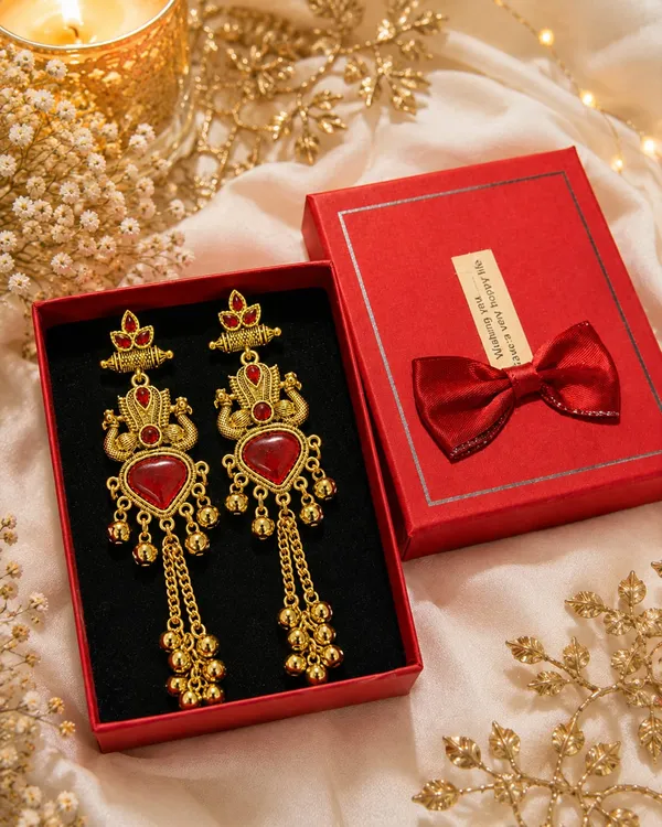 Gold_Tone_Red_Stone_Temple_Drop_Earrings_For_Women