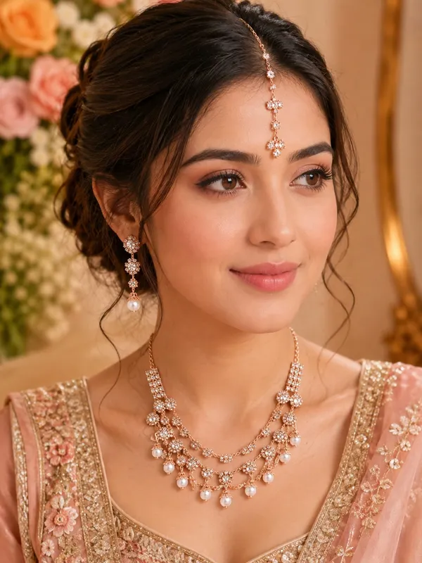 Rose_Gold_Bridal_Necklace_Set_With_Earrings_And_Maang_Tikka
