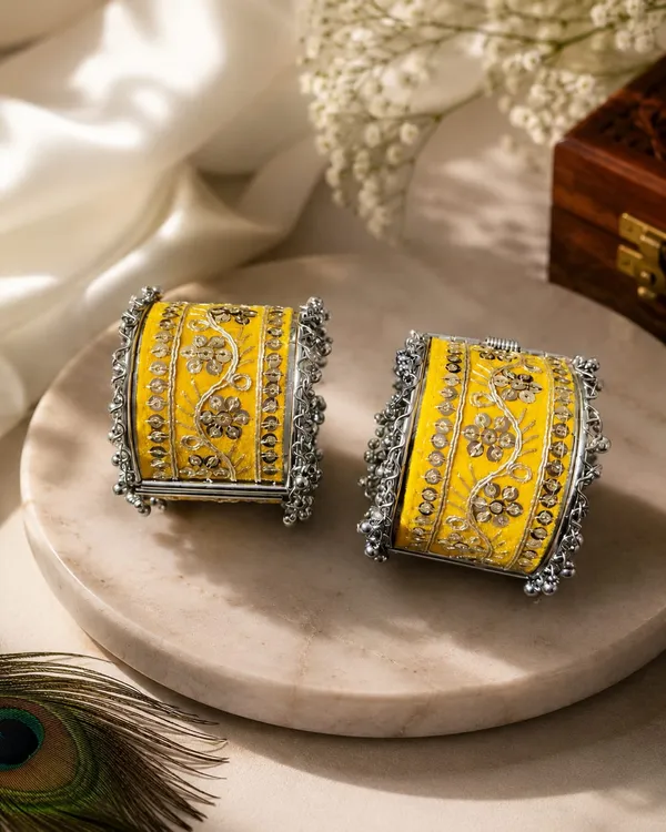 Yellow_Enamel_Floral_Oxidized_Kada_Bangles_For_Women