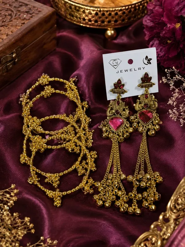 Gold_Tone_Pink_Stone_Earrings_And_Bracelet_Set_For_Women