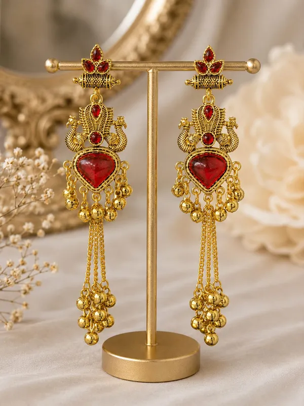 Gold_Tone_Red_Stone_Temple_Drop_Earrings_For_Women