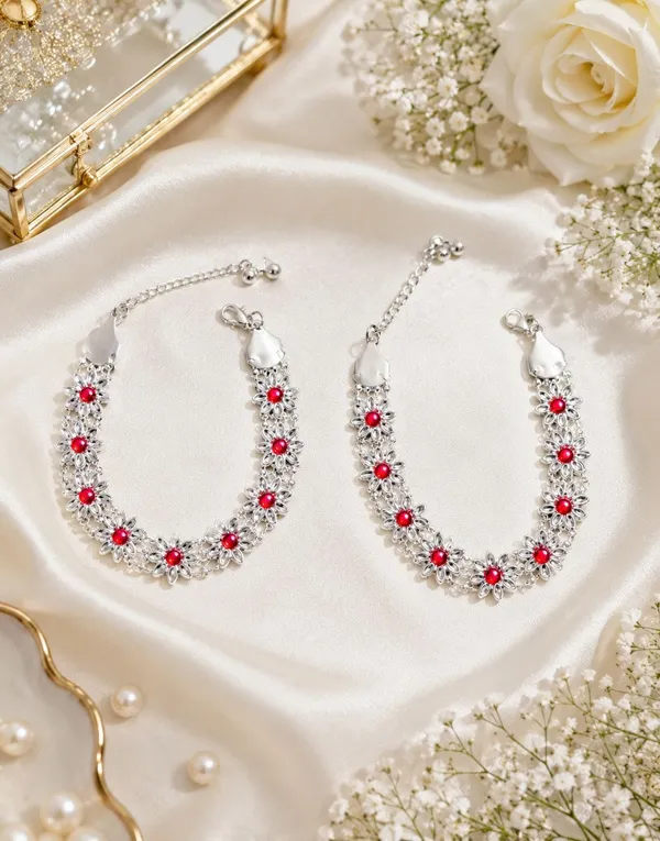 Silver_Floral_Red_Stone_Anklets_For_Women
