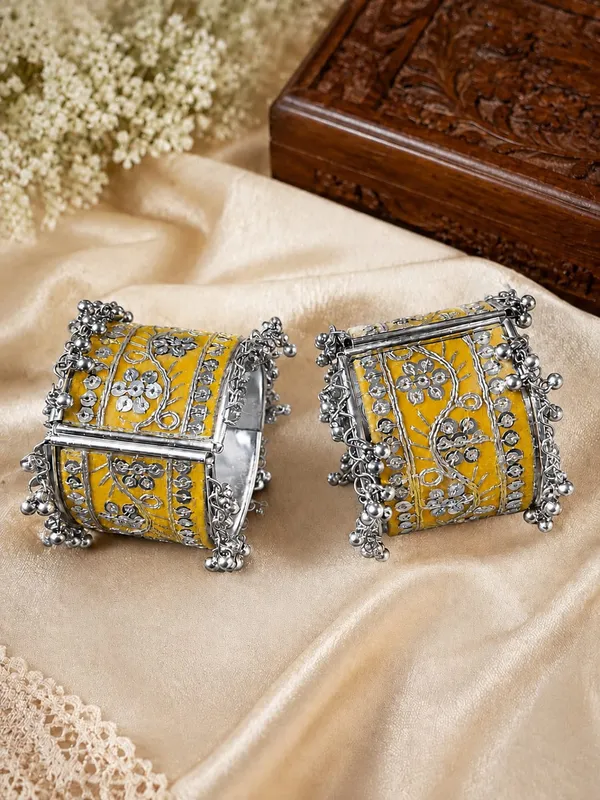 Yellow_Enamel_Floral_Oxidized_Kada_Bangles_For_Women