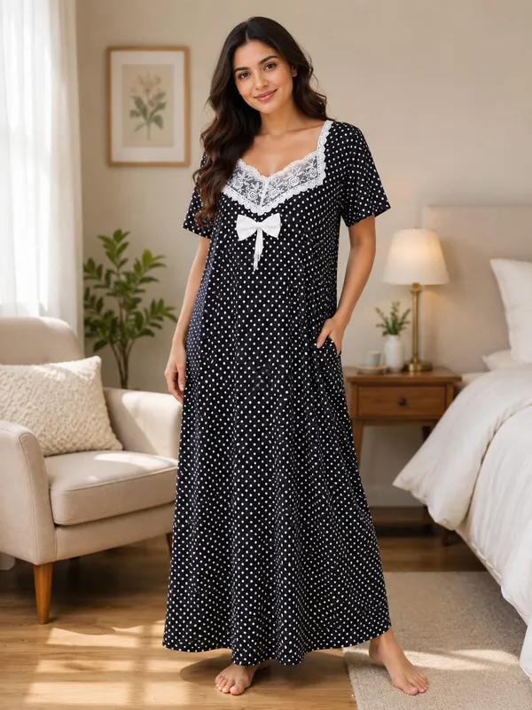 Black_Cotton_Polka_Dot_Short_Sleeve_Nighty_For_Women