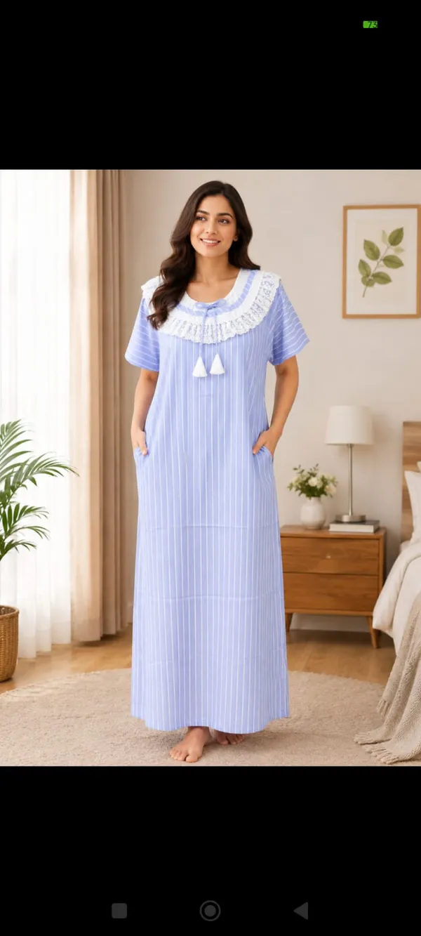 Light_Blue_Pure_Cotton_Striped_Relaxed_Fit_Nighty_For_Women
