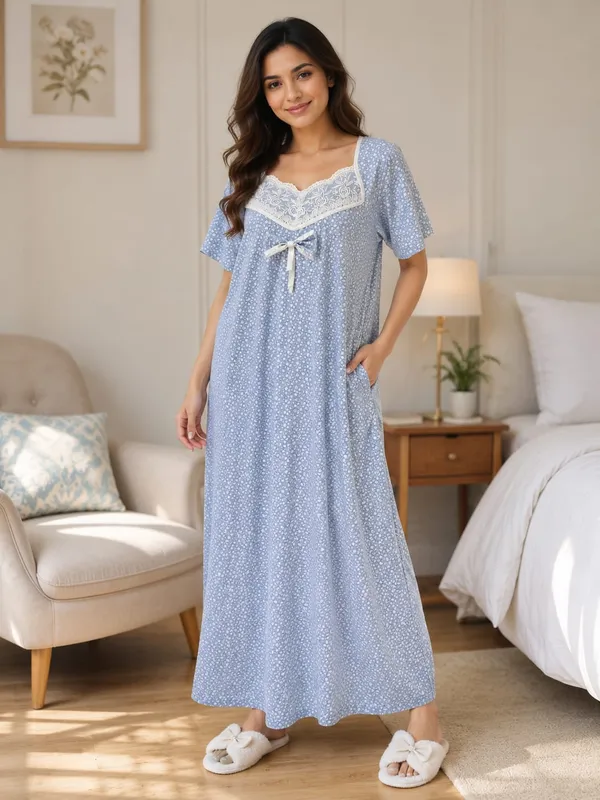 Blue_Pure_Cotton_Printed_Loose_Fit_Maxi_Nighty_For_Women