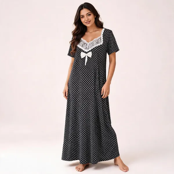 Black_Cotton_Polka_Dot_Short_Sleeve_Nighty_For_Women