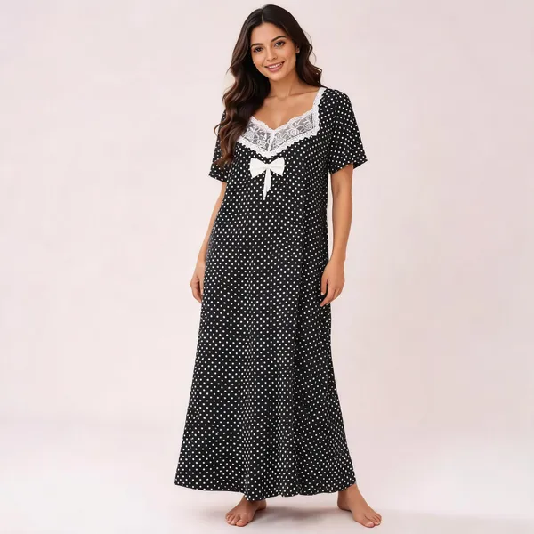 Black_Cotton_Polka_Dot_Short_Sleeve_Nighty_For_Women