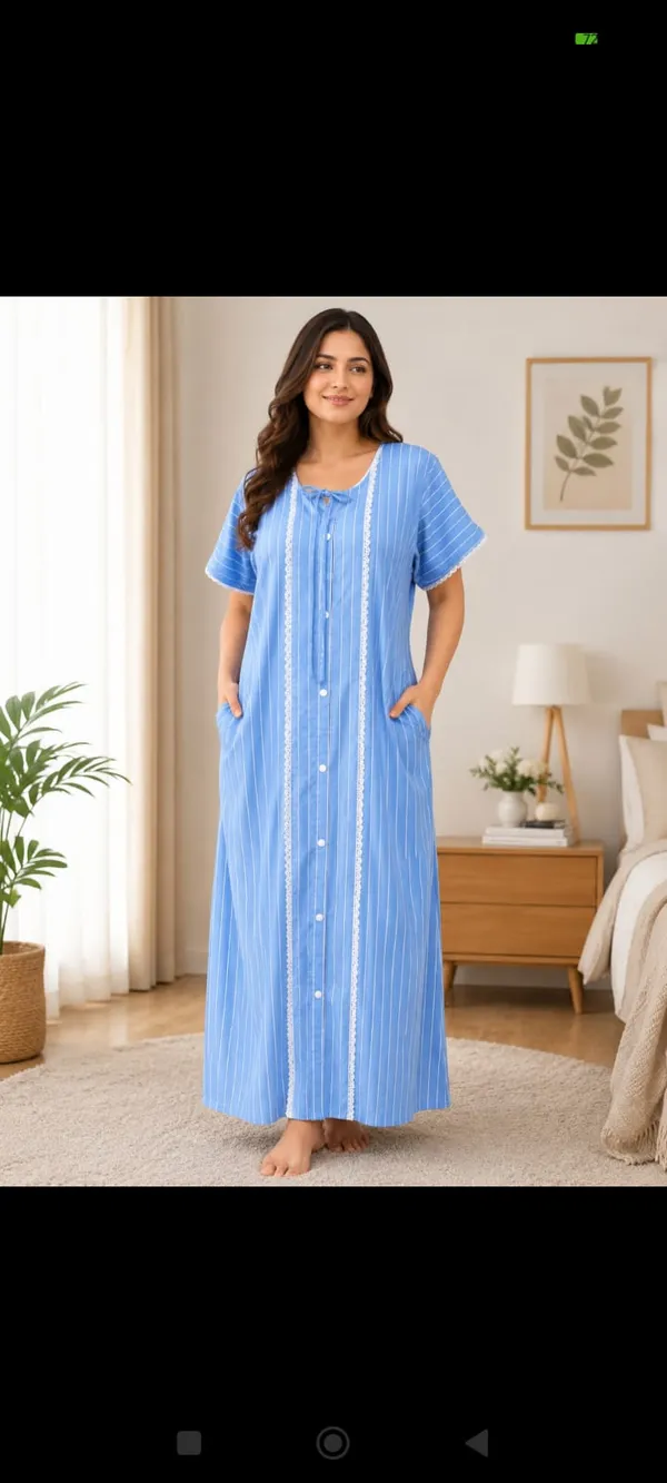 Blue_Cotton_Rayon_Striped_Button_Front_Nighty_For_Women