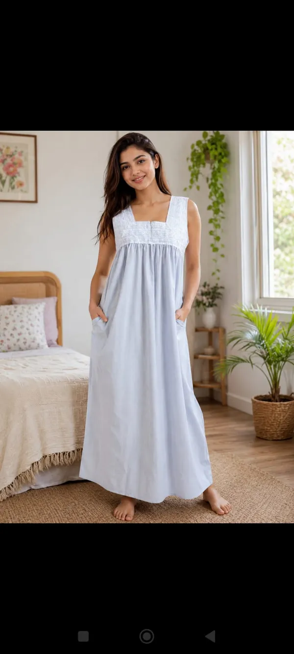 Light_Blue_Cotton_Sleeveless_Maxi_Nighty_For_Women