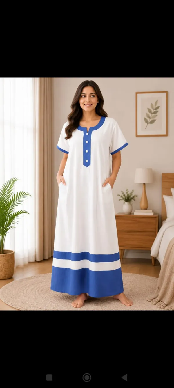 White_Cotton_Satin_Blue_Trim_Relaxed_Fit_Nighty_For_Women