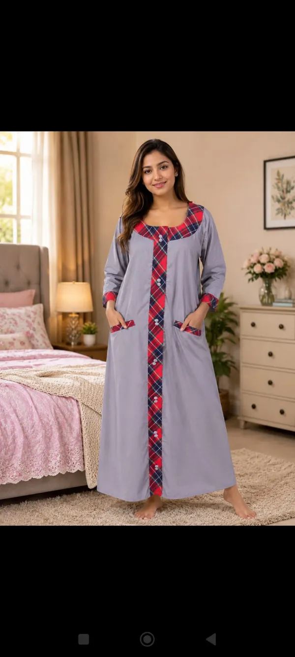 Grey_Cotton_Satin_Plaid_Trim_Relaxed_Fit_Nighty_For_Women