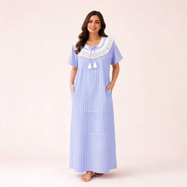 Light_Blue_Pure_Cotton_Striped_Relaxed_Fit_Nighty_For_Women