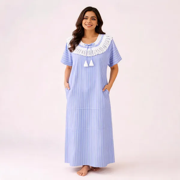 Light_Blue_Pure_Cotton_Striped_Relaxed_Fit_Nighty_For_Women
