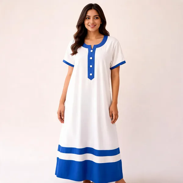 White_Cotton_Satin_Blue_Trim_Relaxed_Fit_Nighty_For_Women
