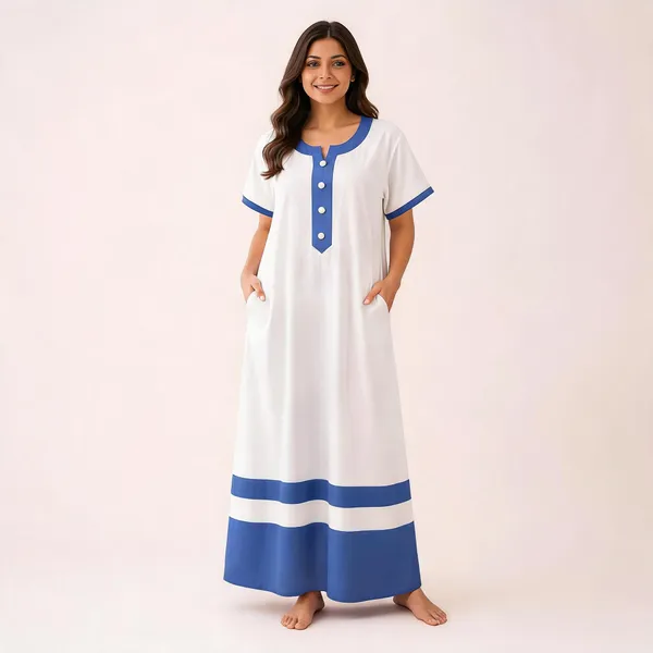 White_Cotton_Satin_Blue_Trim_Relaxed_Fit_Nighty_For_Women