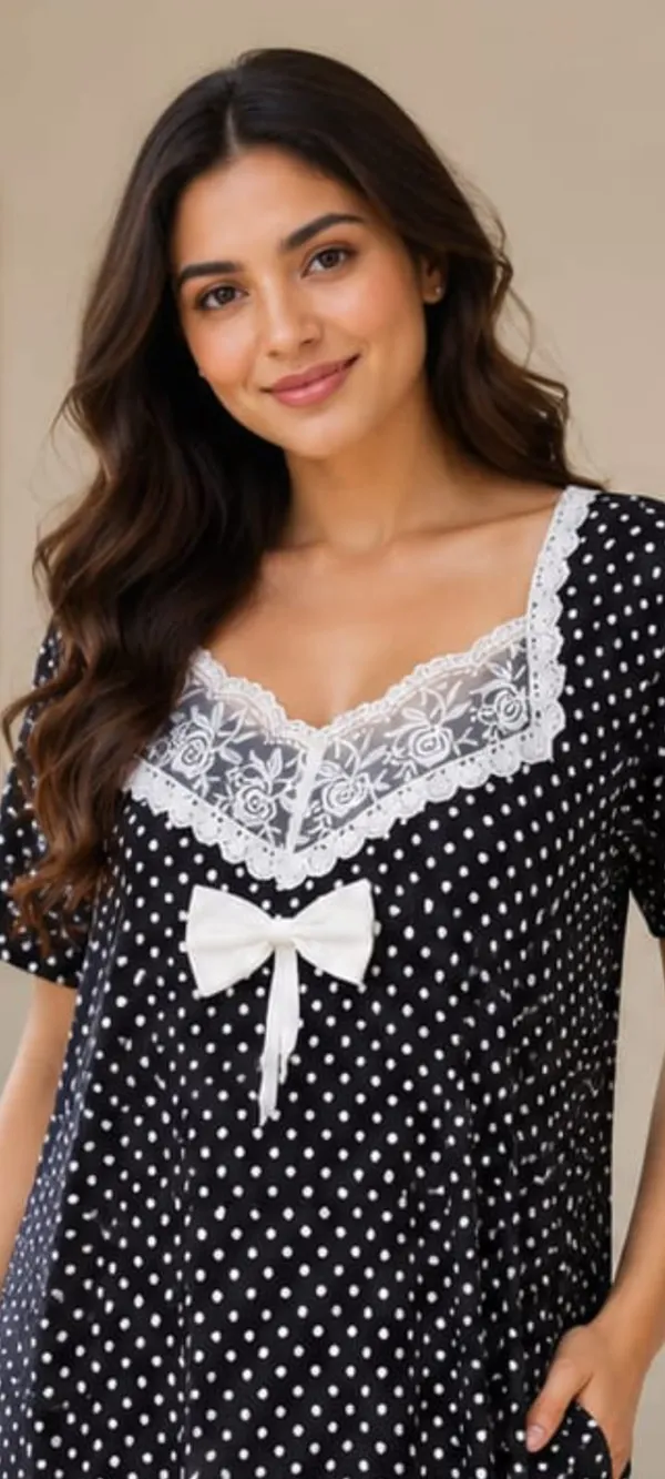 Black_Cotton_Polka_Dot_Short_Sleeve_Nighty_For_Women