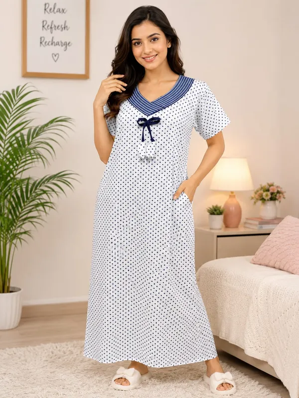 White_Cotton_Polka_Dot_Relaxed_Fit_Maxi_Nighty_For_Women