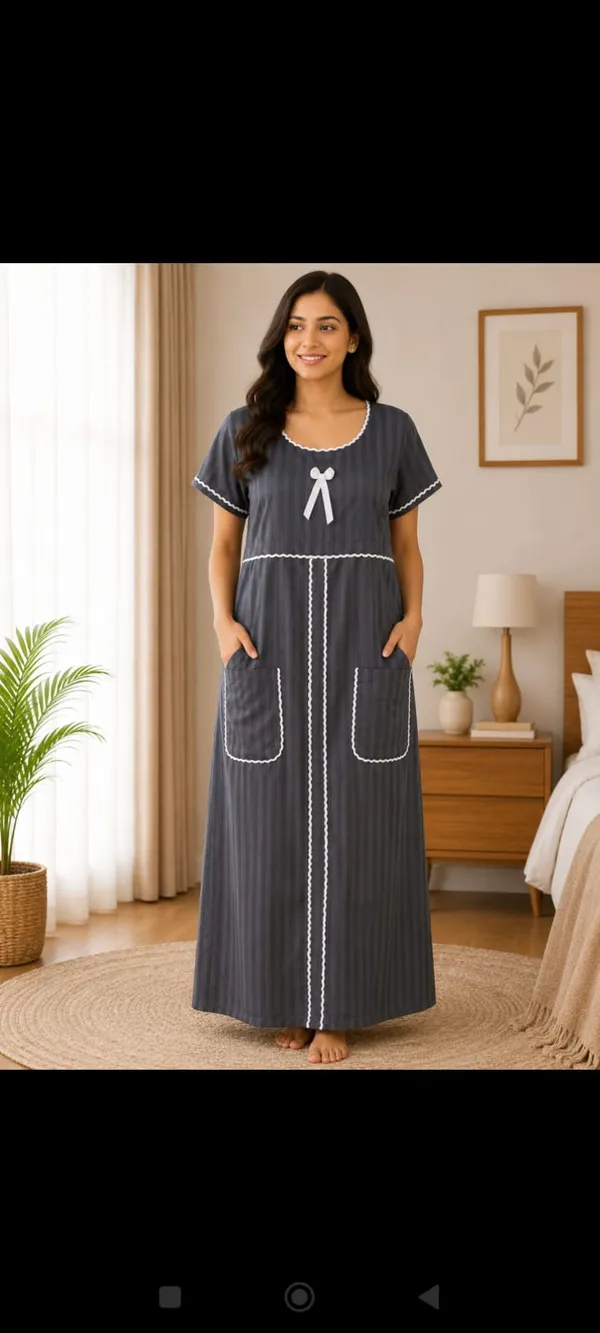 Grey_Cotton_Satin_Striped_Short_Sleeve_Maxi_Nighty_For_Women