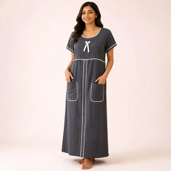 Grey_Cotton_Satin_Striped_Short_Sleeve_Maxi_Nighty_For_Women