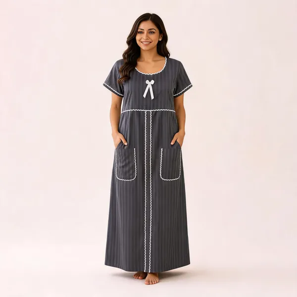 Grey_Cotton_Satin_Striped_Short_Sleeve_Maxi_Nighty_For_Women