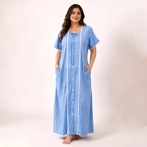 Blue_Cotton_Rayon_Striped_Button_Front_Nighty_For_Women