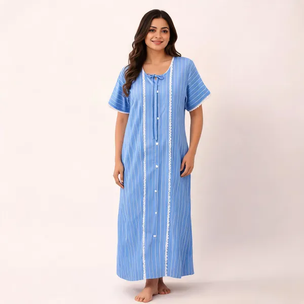 Blue_Cotton_Rayon_Striped_Button_Front_Nighty_For_Women