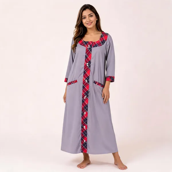 Grey_Cotton_Satin_Plaid_Trim_Relaxed_Fit_Nighty_For_Women